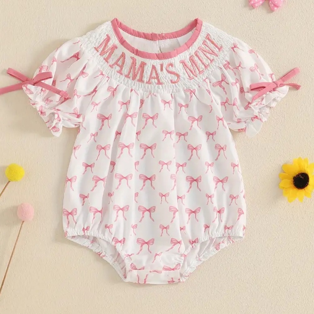 Girls Mamas Mini White and Pink Bow Baby Romper